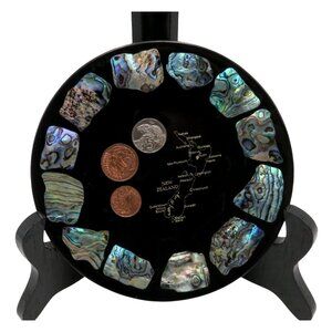 NEW ZEALAND Paua Abalone Shell and Coin Display Plate Map Black Felt Base